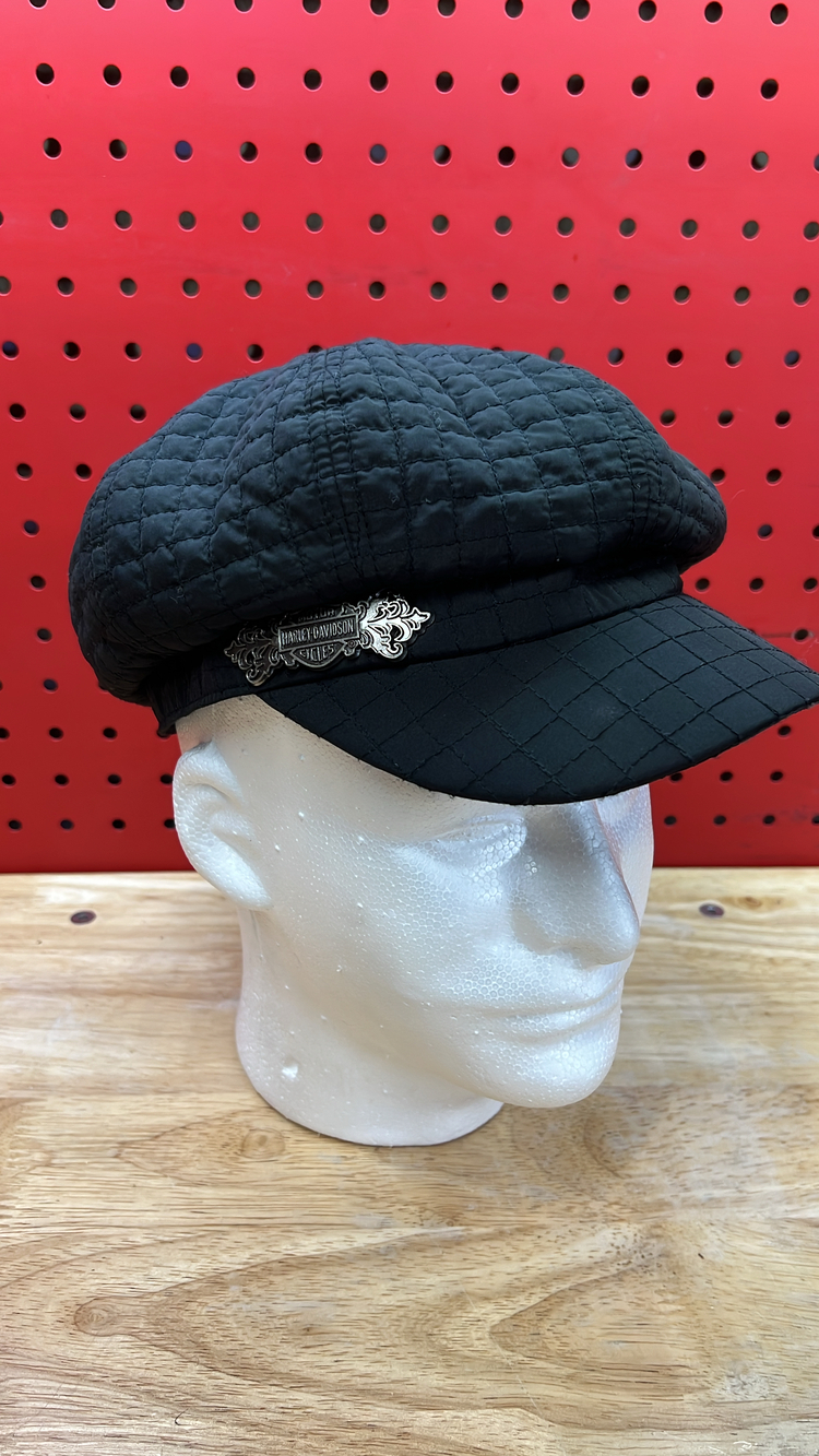 Harley-Davidson Women's Black Newsboy Cap Hat Size L Quilted Cabbie Metal Logo